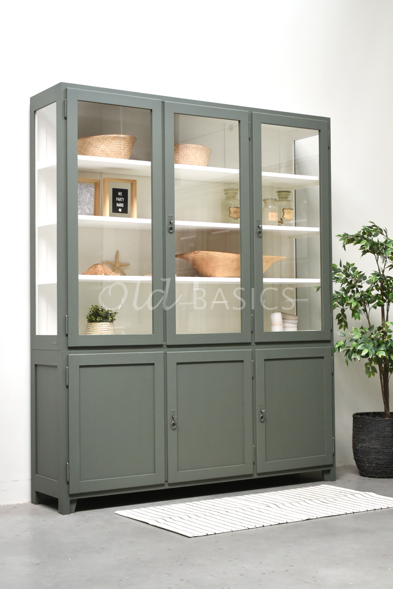 Detail van Vitrinekast Jeanette, 3 deuren, RAL7009, groen, grijs, materiaal hout